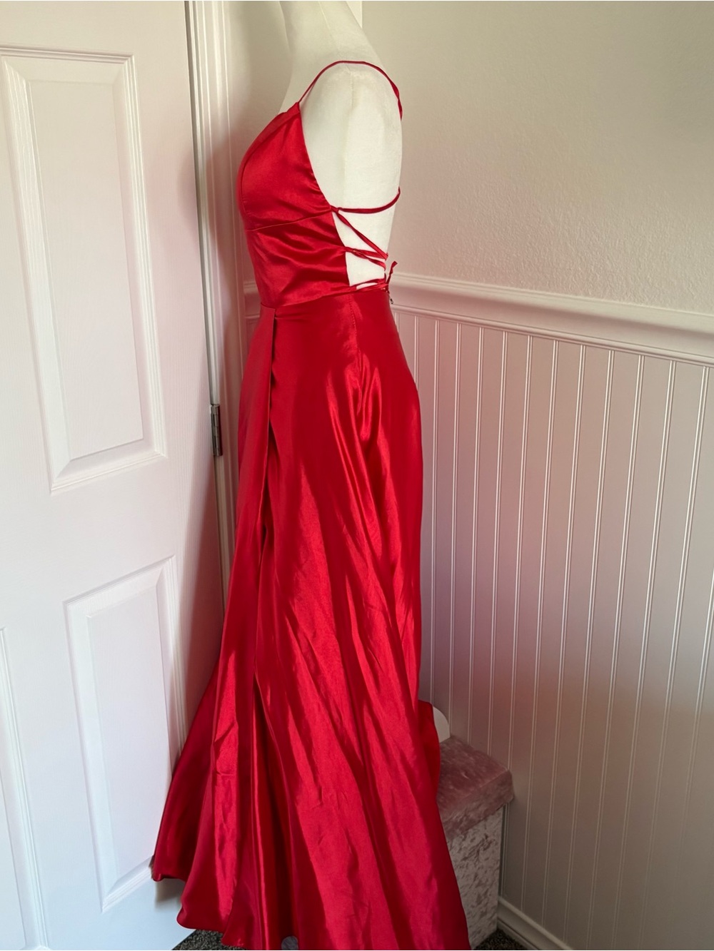 Red Satin A-Line Spaghetti Strap Evening Gown with Criss Cross Back - Picture 5 of 9